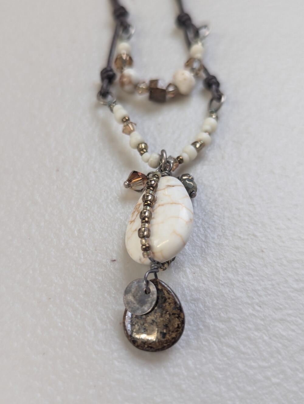 Stone Pendant Leather Necklace Beaded Boho Western Neutral Hippie Peyote Bird